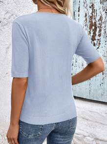 SHEIN Clasi 女士纯色 V 领短袖休闲针织毛衣 - 淺藍色 - 查看 2