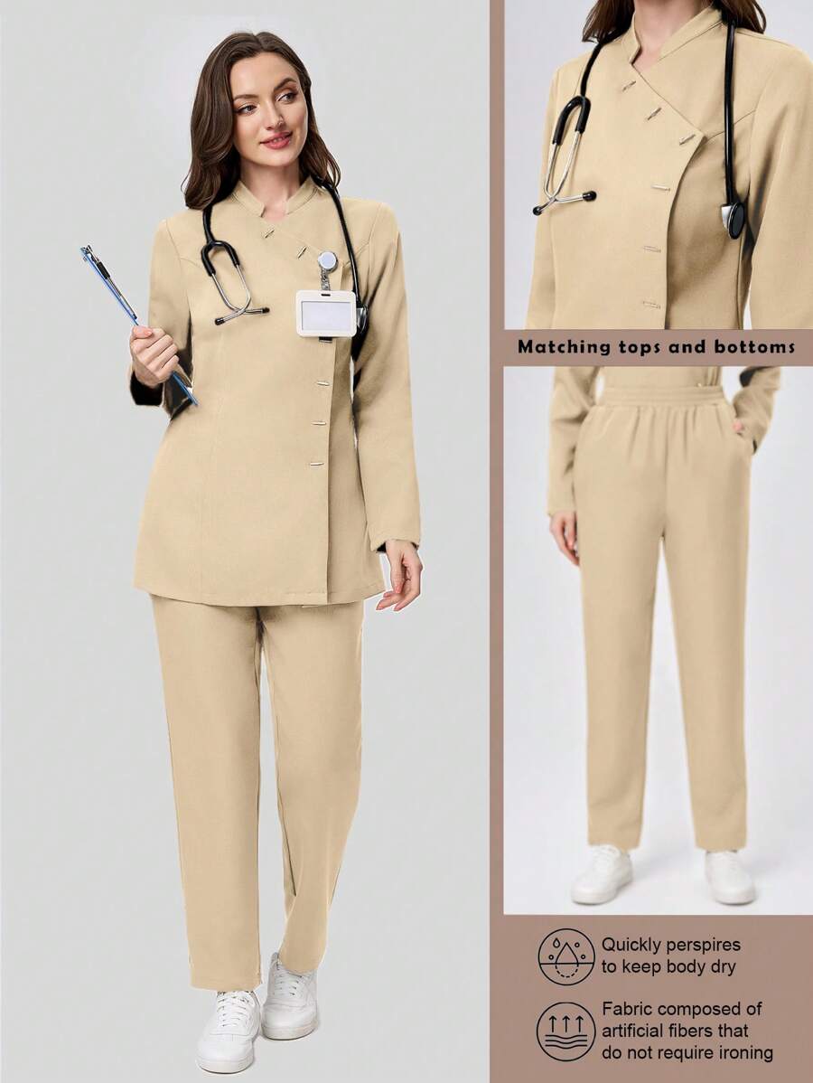 Scrubzie Bộ 2 sản phẩm/Bộ quần áo đồng phục y tá/áo cổ đứng chống nhăn dài tay/cho nữ - Màu be - Xem 1