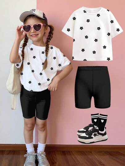 SHEIN Happikins Mini Black & White Floral Design Young Girl Casual Loose Short Sleeve Top And Shorts 2 Pieces Set, Suitable For Summer