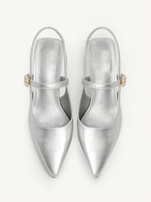 CUCCOO CHICEST Summer New Pearl & Rhinestone Pointed Toe Stiletto High Heel Retro Classic Elegant Metallic PU Leather Slip-On Pumps, Suitable For Commuting, Dating, Afternoon Tea And Party Occasions