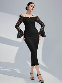 Modelyn Vintage Jacquard Neckholder A-linie Kleid Mit Volant Ärmel Für Frauen, Frühling/sommer