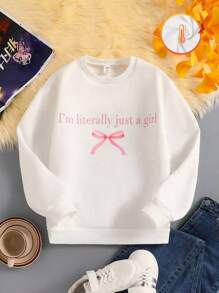 SHEIN Explorewe 青少年女孩圆领字母与蝴蝶结装饰宽松时尚运动衫