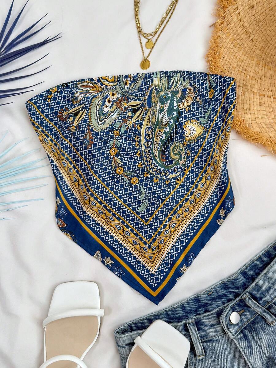 SHEIN 少女夏季度假复古印花露背抹胸