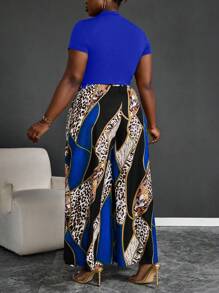 Maweii 2pcs Plus Size Solid Color Short Sleeve Top And Long Pants Set, Simple And Fashionable, Suitable For Summer