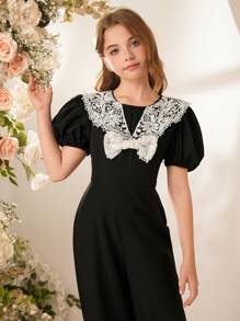 SHEIN Tween Girl 休闲可爱女孩荷叶边小飞侠领泡泡袖连体裤 - 黑色 - 查看 3