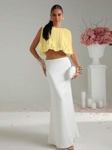 Lumalex Sleeveless Crew Neck Ruched Bubble Hem Crop Top For Women - Yellow - View 3