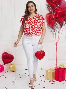 SHEIN Clasi Plus Size Women's Elegant Heart Print V-Neck Blouse - Red - View 5
