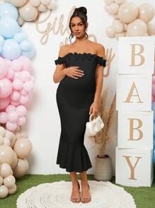 Loomaby Maternity Dress With 3D Floral Off Shoulder Design, Suitable For Gender Reveal Party And Baby Shower - Black - View 7