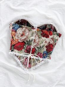 Soleia Elegant Bohemian Tropical Floral Print Tie Front Ruffle Design Crop Top,Beige,Summer,Cottage Core,Holiday,Tea Party,Beach Wedding Guest Graduation - Multicolor - View 6