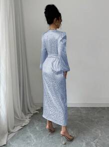 Modelyn Women's Light Blue Leopard Print Satin Jacquard Cross V-Neck Wrap Tie Waist Midi Dress With Long Sleeves