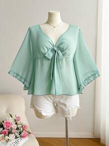 CosyJoli Blusa de verano romántica sencilla y versátil con volantes y patchwork en color verde para tallas grandes - Verde - Ver 3