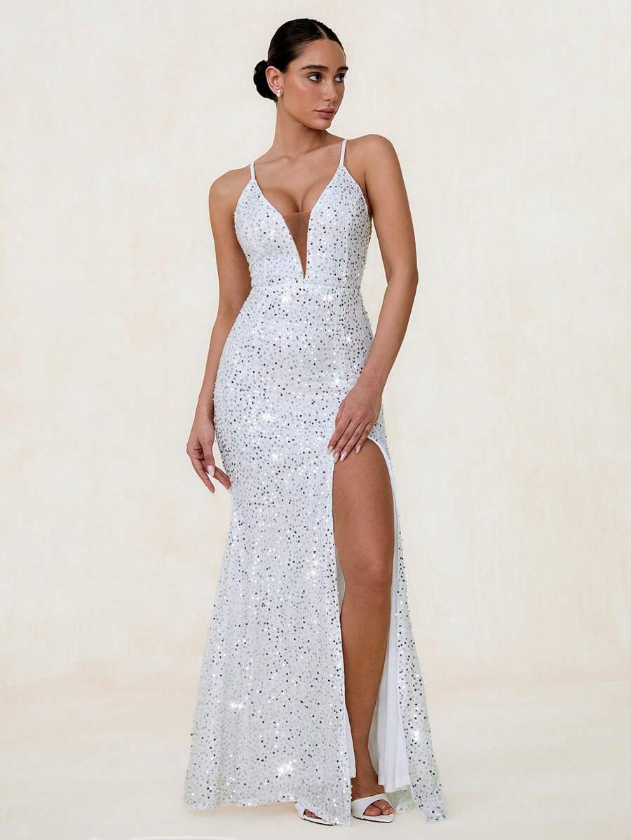 Split Thigh Sequin Cami Long Dress