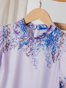 2pcs Tween Girls Floral Print Puff Sleeve Shirt And Solid Straight Leg Pants Set - Blue - View 5