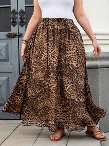 SHEIN Clasi Leopard Print Chiffon Flowy Skirt For Plus Size Women, Elegant Daily Beach Skirt Plus Size Skirts Classy Skirt Women Maxi Skirt