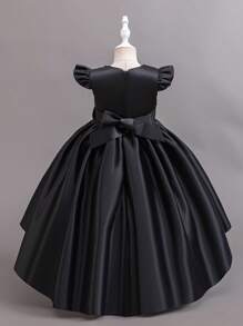 SHEIN Glamorique Kids 圣诞派对穿圣诞老人连衣裙，粉色网眼亮片高低褶边生日派对连衣裙，带蝴蝶结，适合女孩，公主裙，适合新年 - 黑色 - 查看 2