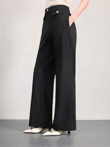 SHEIN BIZwear 女士优雅休闲工作装、约会、通勤、度假金属扣黑色裤子，春夏 - 黑色 - 查看 6