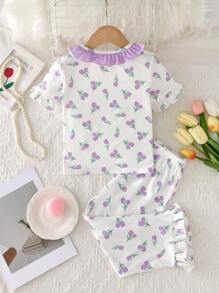 SHEIN 2pcs Young Girl Modest Floral Pattern Ruffle Trim Round Neck Button-Up Loose Comfy Pajama Sets, Graduation Pajama - Purple - View 2