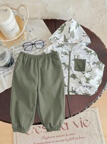 Conjunto de 2 piezas para bebé niño/niña, chaqueta ligera con capucha estampado de dinosaurio en contraste de color y pantalón liso de unicolor, adecuado para primavera, verano, otoño y viajes al aire libre