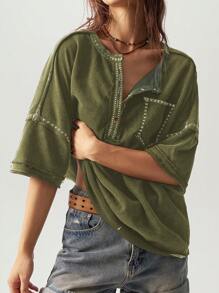 Bohemela 女士休闲纯色针织半开领圆领短袖宽松T恤