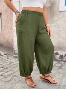 SHEIN LUNE 纹理舒适面料口袋踝带工装裤，军绿色，大码女款 - 軍綠色 - 查看 6