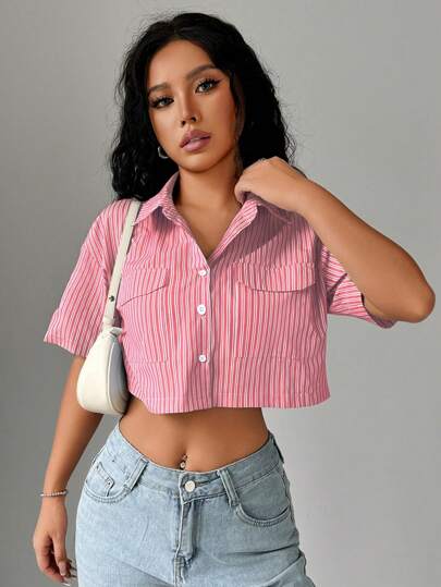 Flirla 女士短袖短款条纹休闲纽扣衬衫