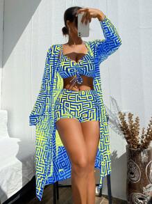 Swim Lushoire 3pcs Beach Summer Outfit For Women: Allover Print Bikini Set + Cover Up Jacket - Multicolor - View 3