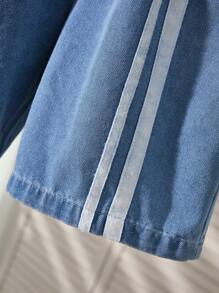 Explorewe Tween Boy Striped Denim Cargo Pocket Hoodie Vest, Round Neck Short Sleeve T-Shirt And Shorts 2Pcs Set Boys Clothes Outfit Sets