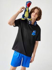 Happy Jammies Męski zestaw piżamowy z nadrukiem dinozaura, okrągłym dekoltem i krótkim rękawem, koszulką i spodenkami - Wielokolorowe - Zobacz 1