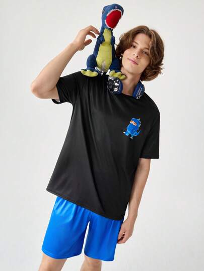 Happy Jammies Conjunto de pijama con camiseta de cuello redondo de manga corta y pantalón corto con estampado de dinosaurio para hombre