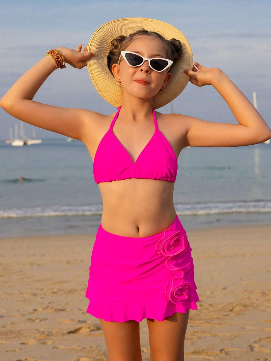 3pcs Tween Girl Handcraft 3D Floral Bikini Swimwear Set - Hot Pink - View 1
