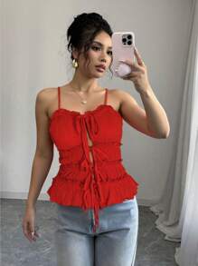 SHEIN Unity Women Elegant Spaghetti Strap Open Front Ruched Drawstring Bow Camisole Tank, Suitable For Vacation, Daily Wear, Sexy, Beach, Solid Color, 3D Fabric - Red - View 1