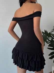 SHEIN EZwear 女士优雅纯色露肩荷叶边下摆迷你连衣裙 - 黑色 - 查看 2