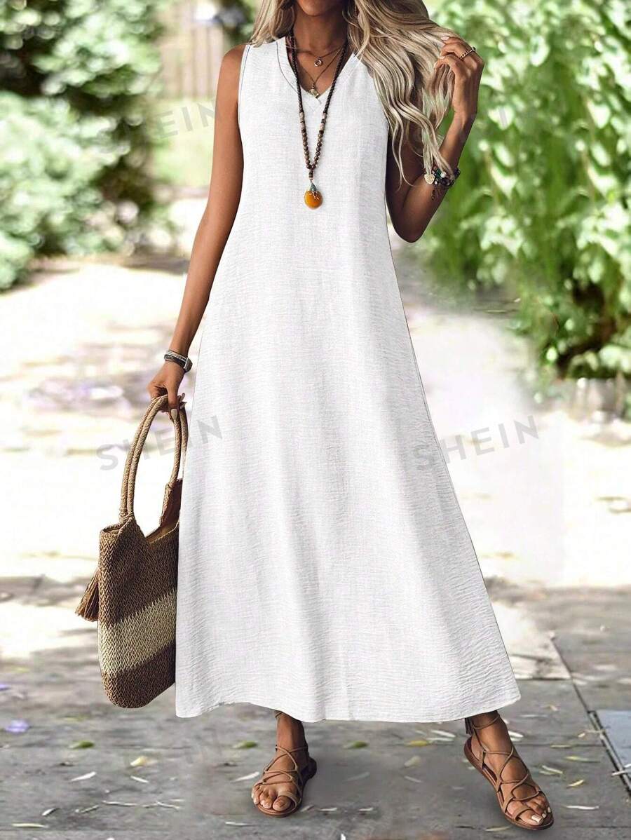 Breezaya Vestido largo casual de mujer sin mangas de cuello en V, de unicolor, cómodo y holgado - Blanco - Ver 1