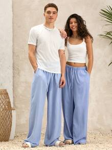 Manfinity Unisex Unisex Casual Woven Vertical Striped Mid Rise Drawstring Loose Wide Leg Pants, Suitable For Daily Wear - Blue - View 4