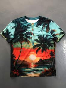 Manfinity RSRT Men's Vacation Palm Tree Print Button-Placket Short Sleeve Casual T-Shirt - Multicolor - View 1