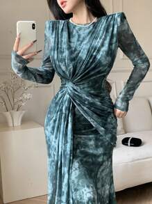Feyla Vestido de manga larga de mujer con malla, moda minimalista adecuada para el verano - Verde - Ver 7