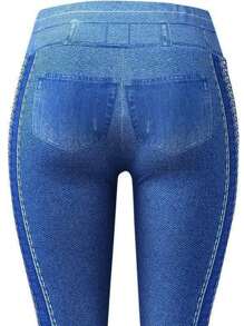 休闲牛仔效果印花高腰紧身裤