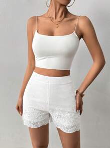 Chiquease Shorts casuales con bordado blanco, minimalistas y de moda, aptos para el verano - Blanco - Ver 6