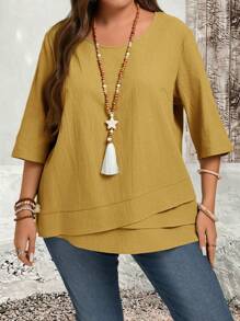 EMERY ROSE Camisa asimétrica verde con estampado de país, ropa de otoño para tallas grandes - Amarillo - Ver 5