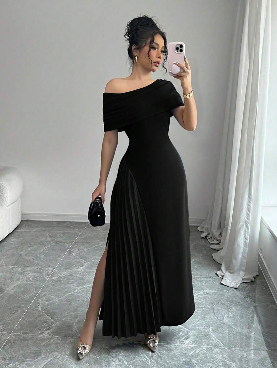 Elenzga Váy đen trơn cổ lệch thanh lịch cho nữ đi làm, dự tiệc - màu đen - Xem 1