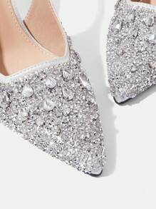 CUCCOO TILAWA أحذية زفاف نسائية ذات كعب عال، برؤوس مدببة، مزينة بالراين ستون، كعب عال مغلق، بلون فضي