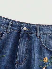 ROMWE MEN Street Life Pantalones cortos de mezclilla tipo bermuda casuales con bordado floral en el bolsillo para hombre