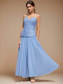 Anewsta Romantisches Urlaubs-Party-Date Damen Maxikleid aus blauem Chiffon mit geschichteter Rosenblüten-Deko und Spaghettiträgern, elegant - Blau - Übersicht 9