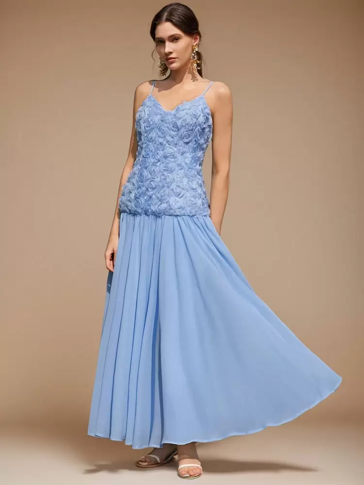 Women's Romantic Vacation Party Date Blue Chiffon Layered Rose Flower Decor Spaghetti Strap Maxi Dress, Elegant