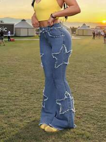 SHEIN PETITE Quần jeans ống loe co giãn bó sát thường ngày PETITE dành cho nữ, mùa hè dành cho nữ, quần jeans cạp trễ, phong cách cowgirl dành cho nữ, quần jeans ống loe, phong cách rave, phong cách rave, hòa nhạc đồng quê, phong cách Y2K dành cho nữ, Gyaru - Rửa trung bình - Xem 3