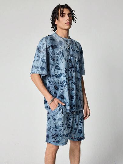 Street Life Men's Grunge Round Neck Short Sleeve Printed Casual Top And Shorts Set