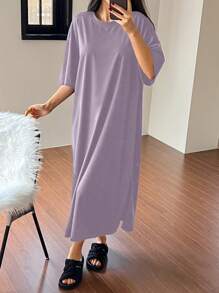 DAZY Vestido de estar por casa con dobladillo suelto y hendidura de color liso