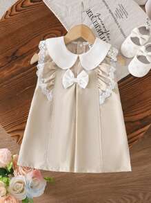 Souflis Souflis 女婴时尚休闲拼布白色蕾丝边彼得潘领连衣裙，夏季 - 卡其色 - 查看 8