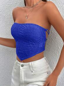 SHEIN PETITE Hanky Hem Lace Up Back Crop Tube Summer Top,Rave Top - Blue - View 6