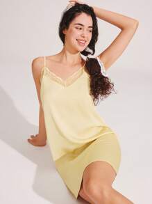 LUVLETTE Yellow Silky Satin Luxurious Lace Trim V-Neck Strappy Camisole Bridal Loungewear Airy Slip Dress Nightdress Lingerie As Outerwear Babydoll